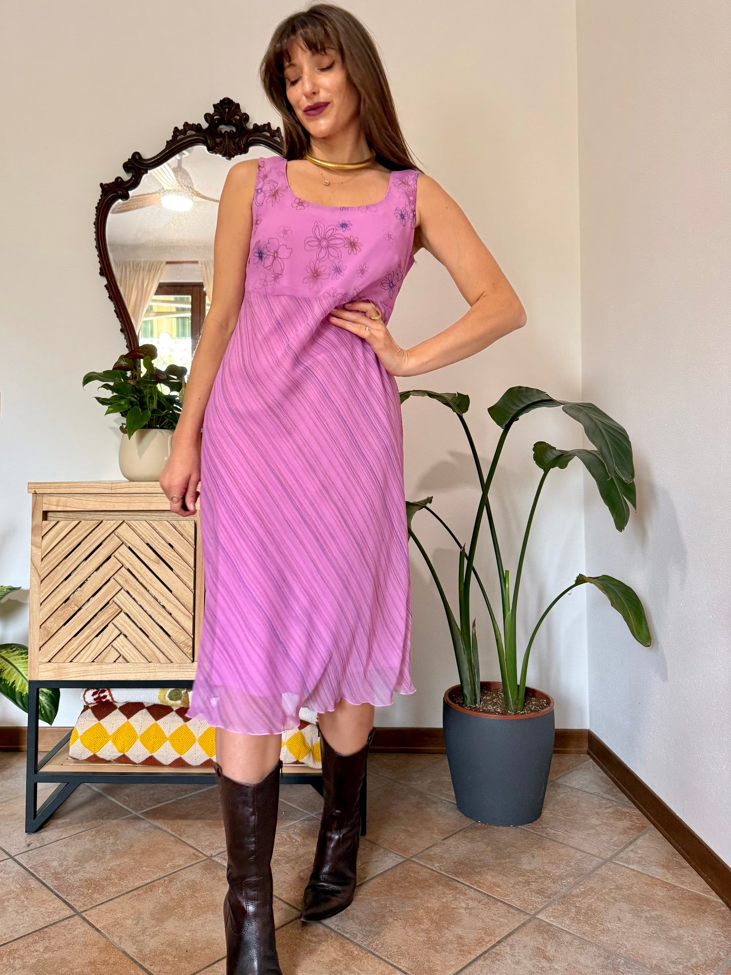 Y2k vintage multi tonal pink and purple stripe and floral print midi dress