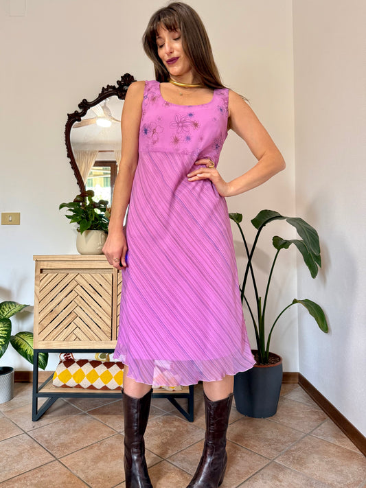 Y2k vintage multi tonal pink and purple stripe and floral print midi dress