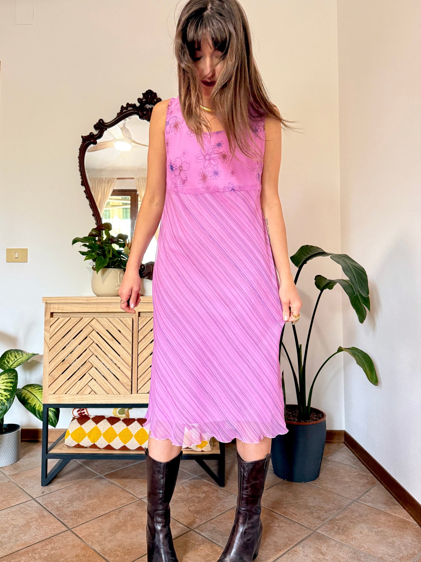 Y2k vintage multi tonal pink and purple stripe and floral print midi dress