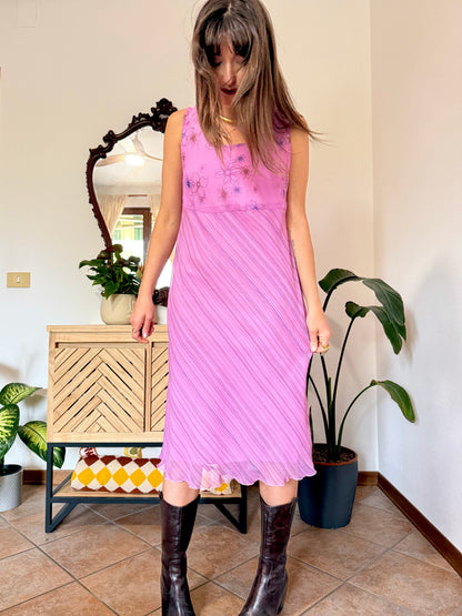 Y2k vintage multi tonal pink and purple stripe and floral print midi dress