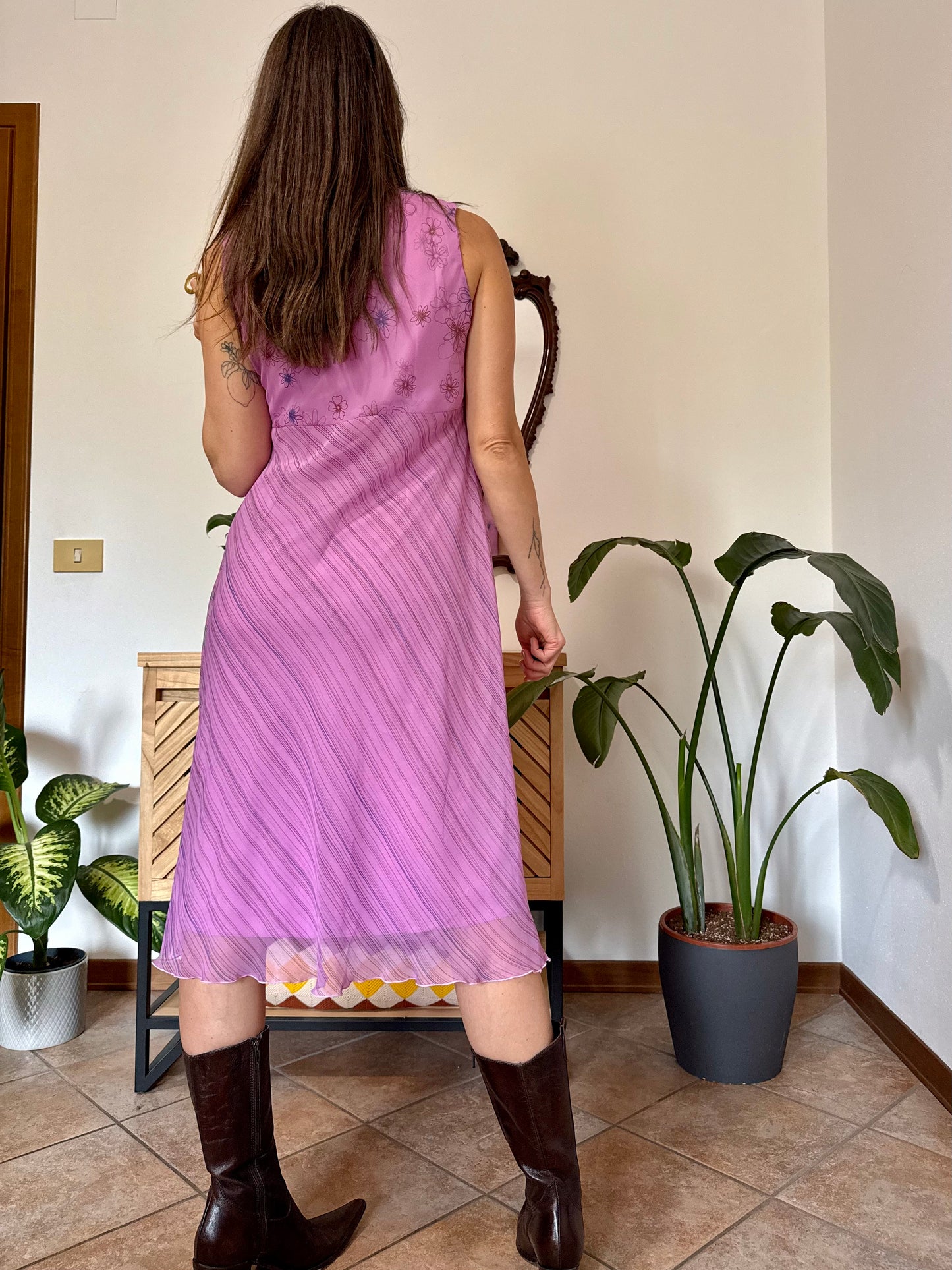 Y2k vintage multi tonal pink and purple stripe and floral print midi dress