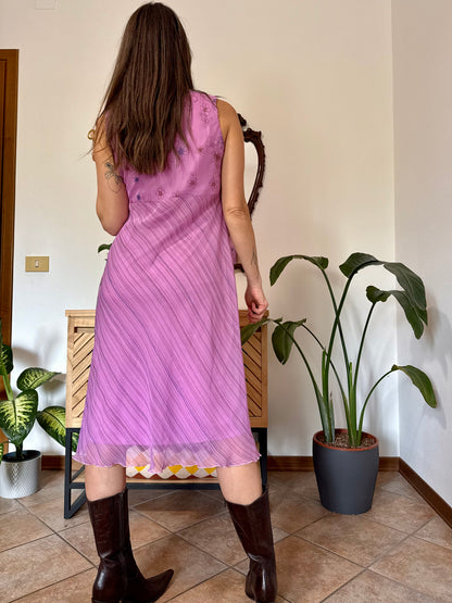 Y2k vintage multi tonal pink and purple stripe and floral print midi dress