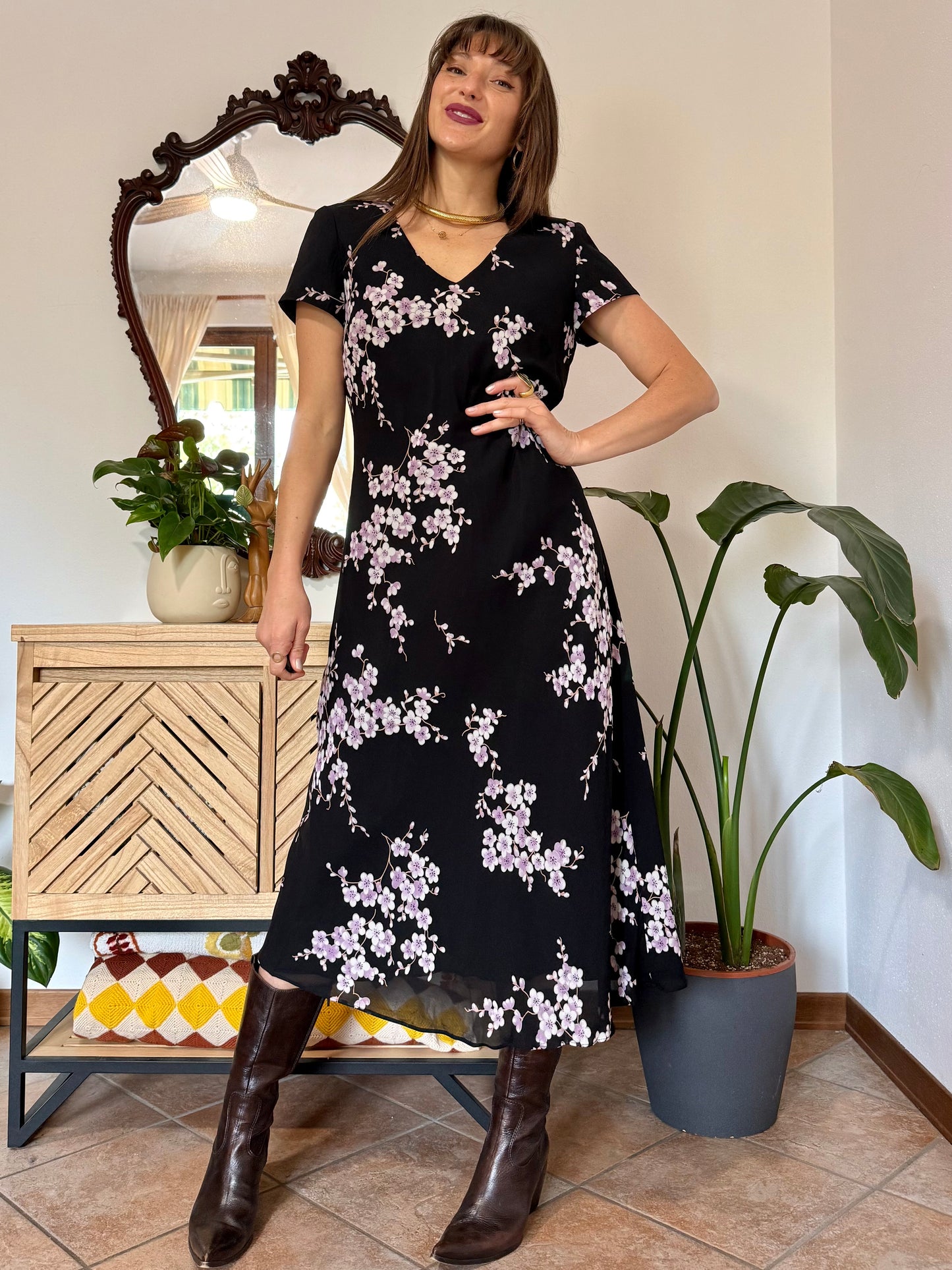 1990's vintage black maxi dress with lilac cherry blossom print