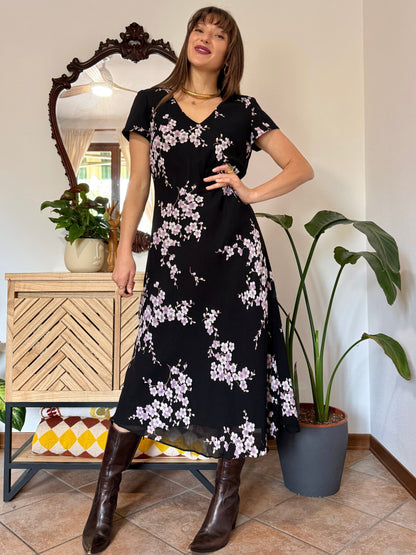 1990's vintage black maxi dress with lilac cherry blossom print