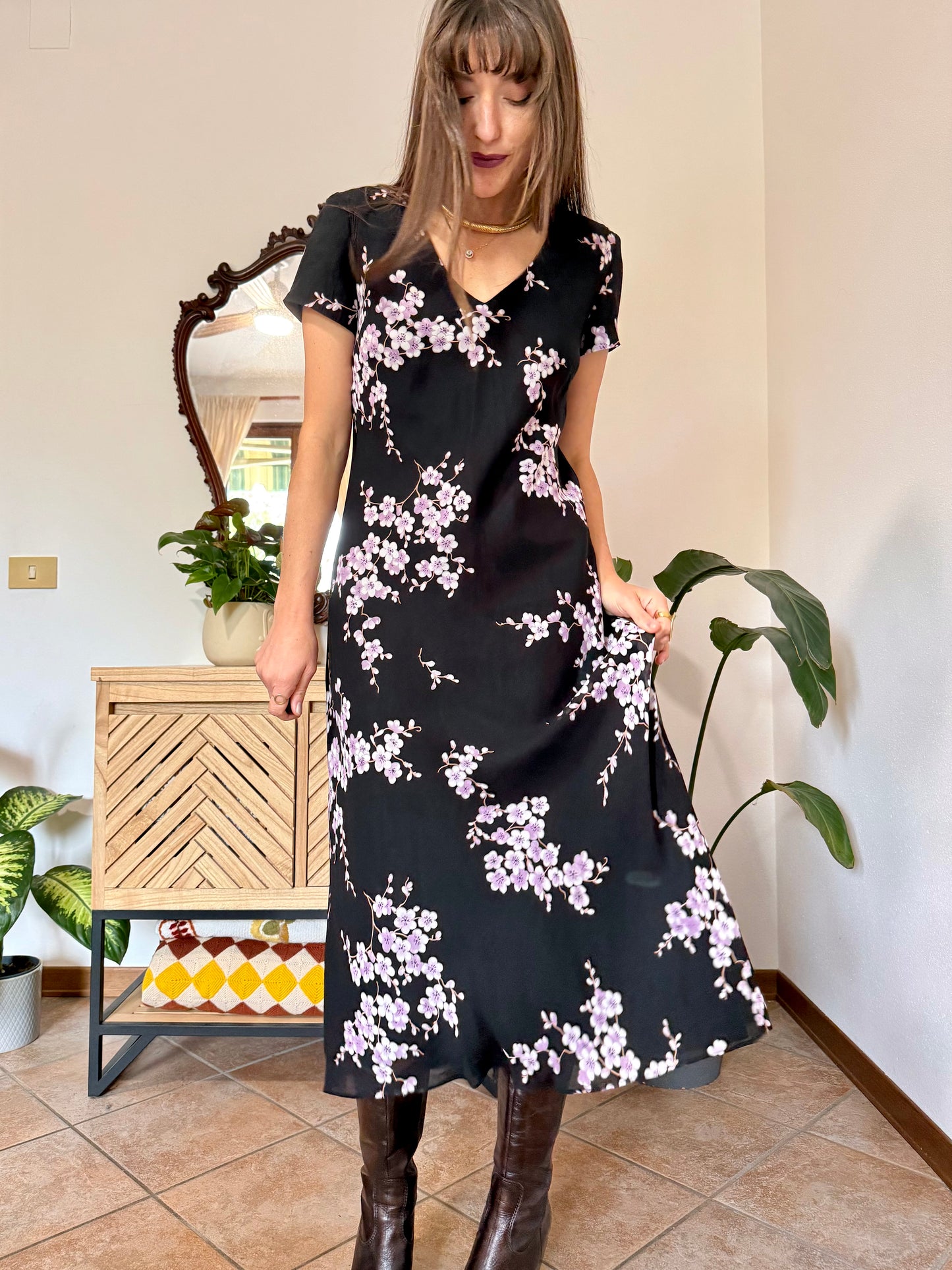 1990's vintage black maxi dress with lilac cherry blossom print