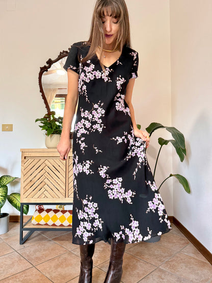 1990's vintage black maxi dress with lilac cherry blossom print