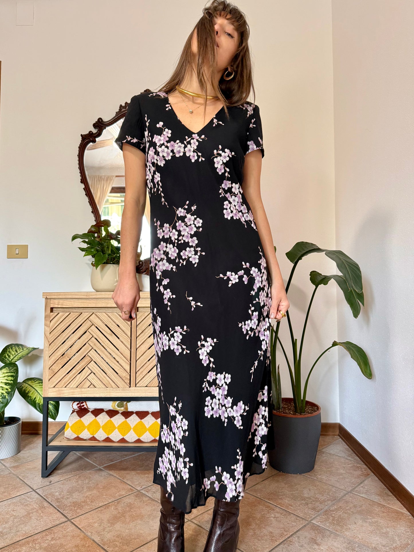 1990's vintage black maxi dress with lilac cherry blossom print