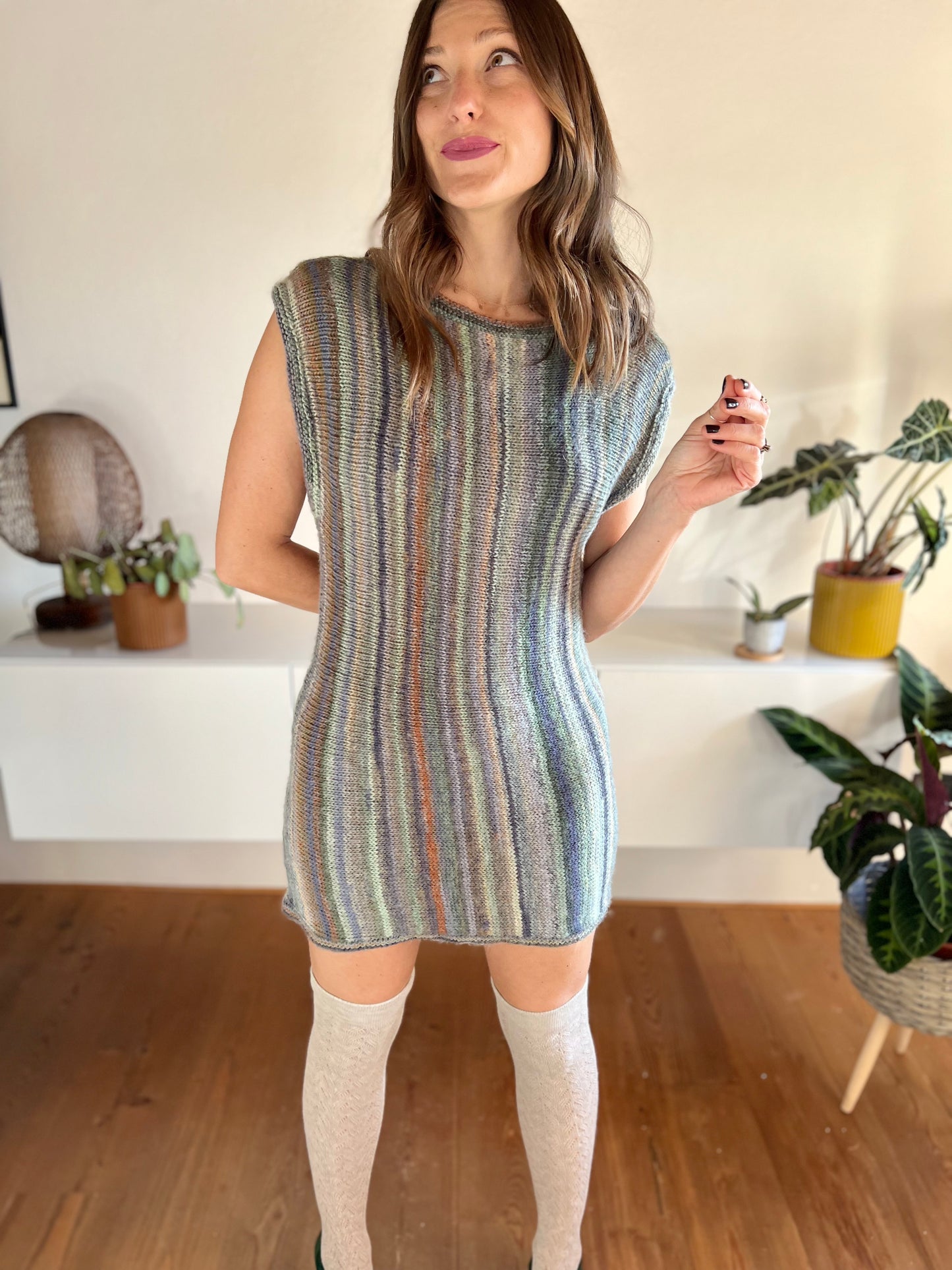 1990's vintage green, blue and tan striped knit mini sweater dress