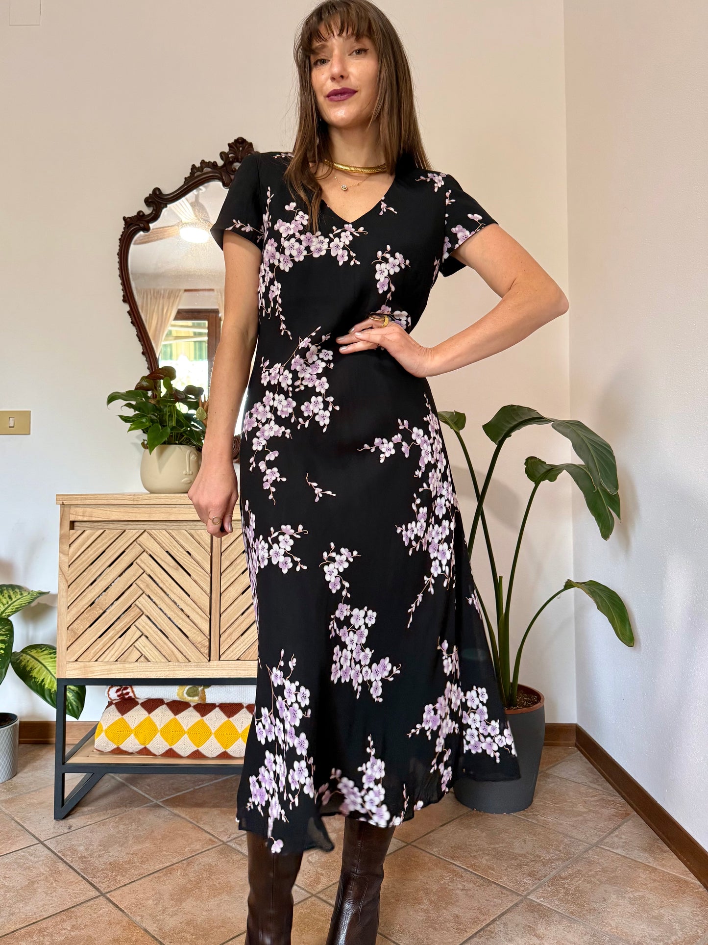 1990's vintage black maxi dress with lilac cherry blossom print