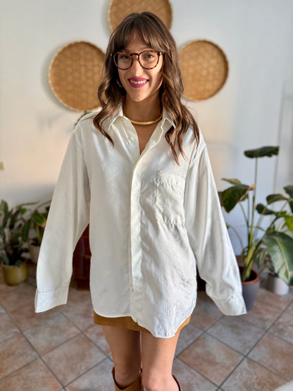 1970's vintage cream satin blouse with all over cream woven script
