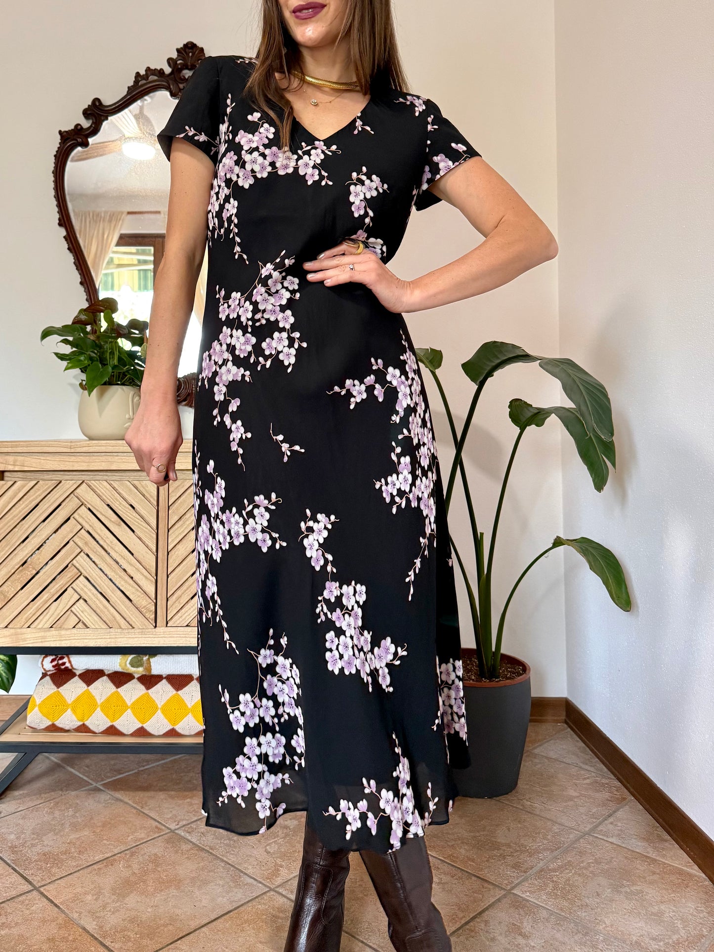 1990's vintage black maxi dress with lilac cherry blossom print