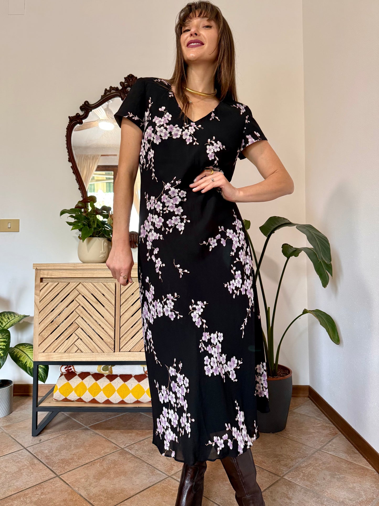 1990's vintage black maxi dress with lilac cherry blossom print