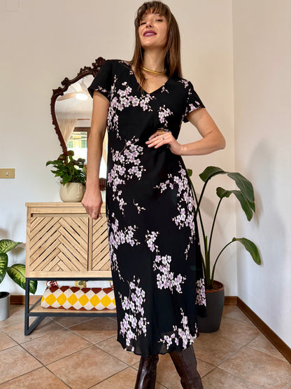 1990's vintage black maxi dress with lilac cherry blossom print
