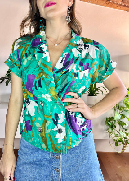 1980's vintage green and purple floral blouse