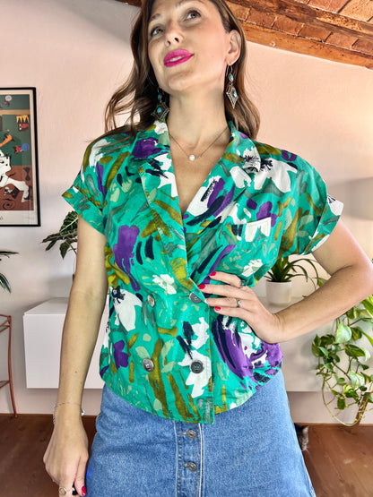 1980's vintage green and purple floral blouse