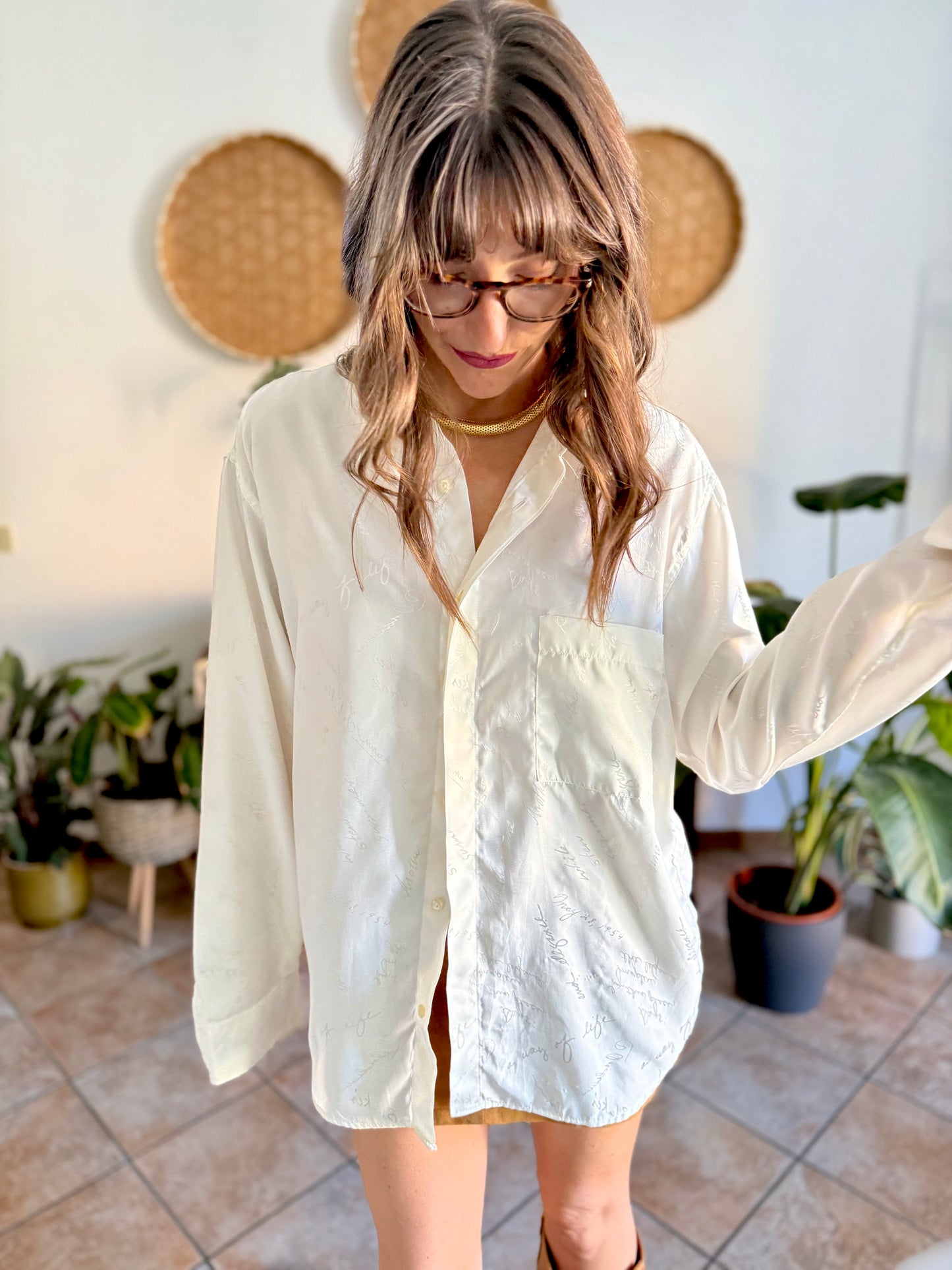 1970's vintage cream satin blouse with all over cream woven script