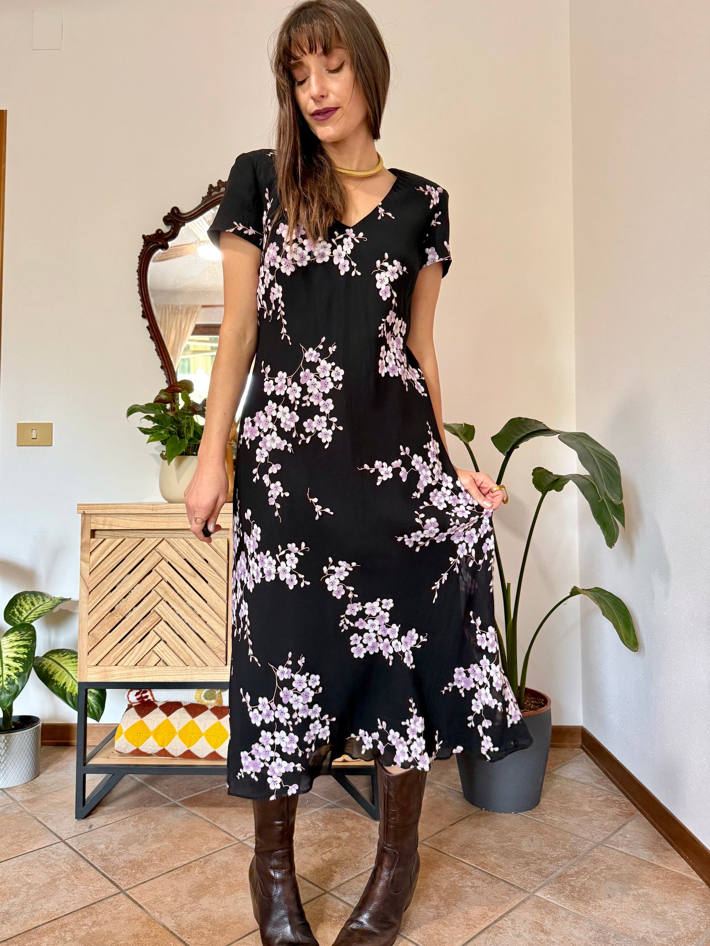 1990's vintage black maxi dress with lilac cherry blossom print