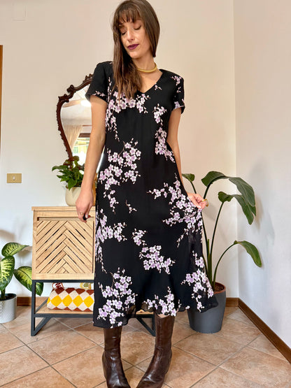 1990's vintage black maxi dress with lilac cherry blossom print