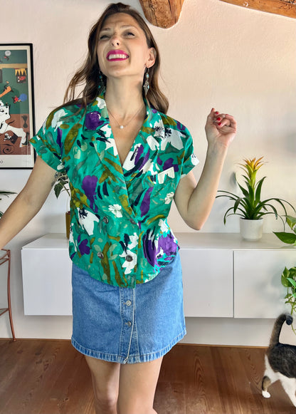 1980's vintage green and purple floral blouse