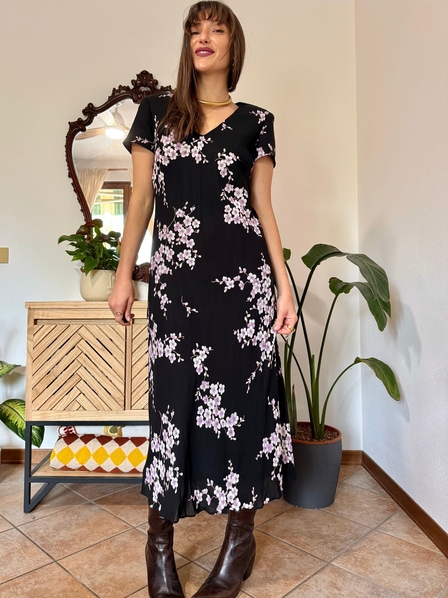 1990's vintage black maxi dress with lilac cherry blossom print