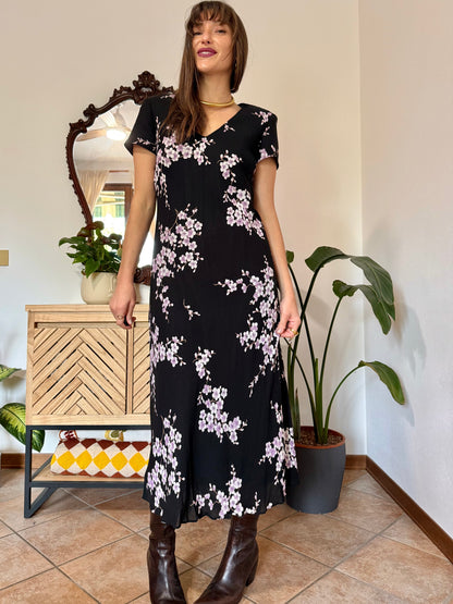 1990's vintage black maxi dress with lilac cherry blossom print