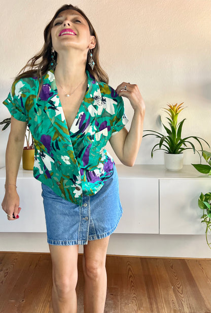 1980's vintage green and purple floral blouse