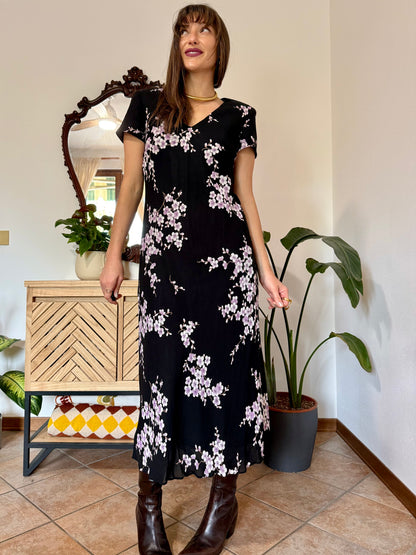 1990's vintage black maxi dress with lilac cherry blossom print