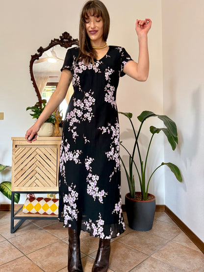 1990's vintage black maxi dress with lilac cherry blossom print