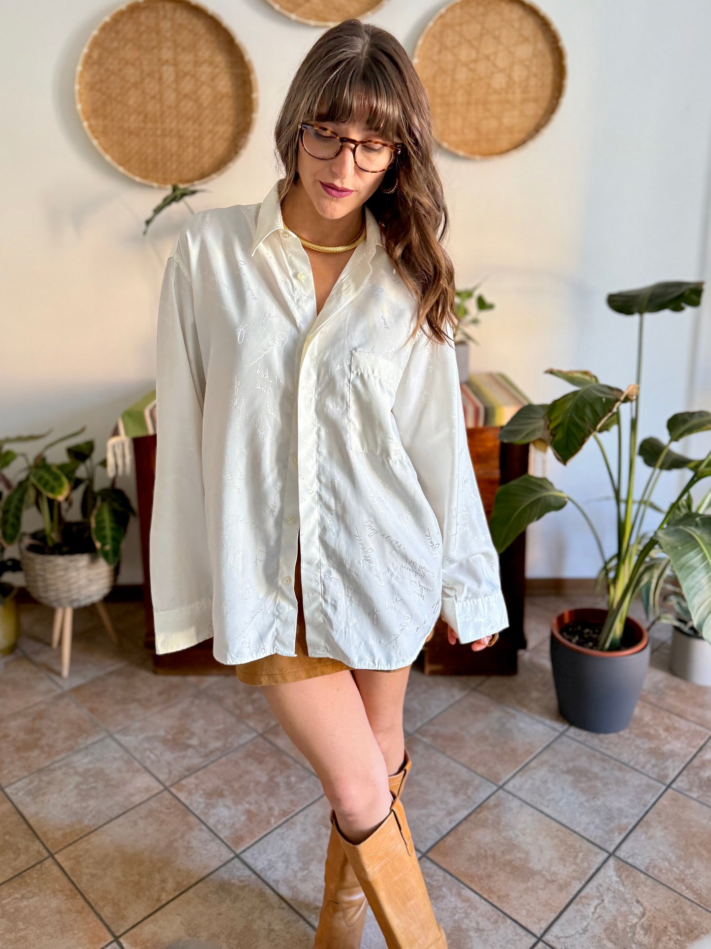 1970's vintage cream satin blouse with all over cream woven script