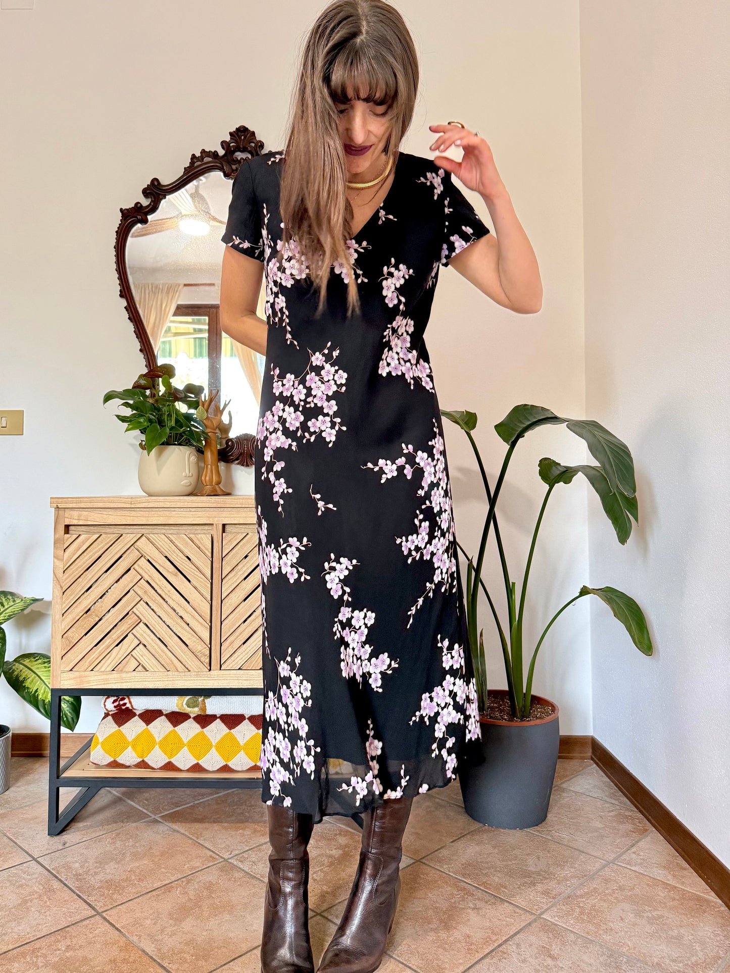 1990's vintage black maxi dress with lilac cherry blossom print