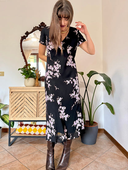 1990's vintage black maxi dress with lilac cherry blossom print