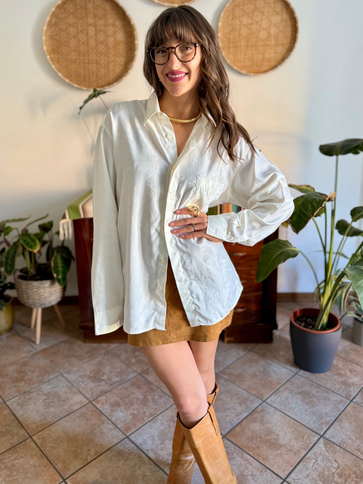 1970's vintage cream satin blouse with all over cream woven script