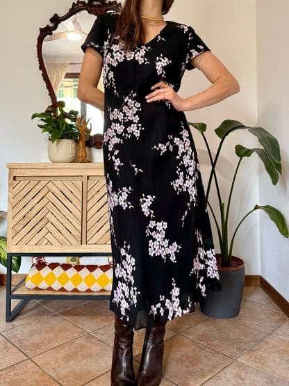 1990's vintage black maxi dress with lilac cherry blossom print