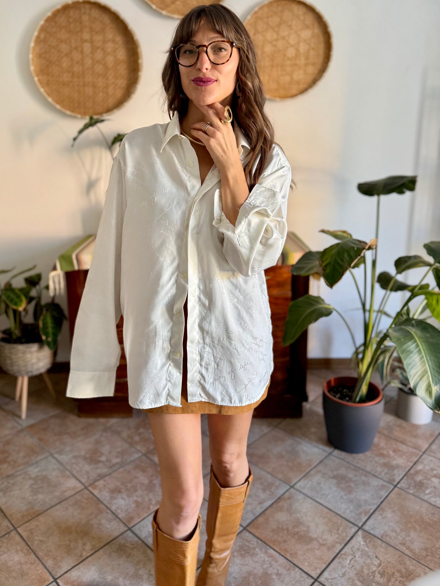 1970's vintage cream satin blouse with all over cream woven script