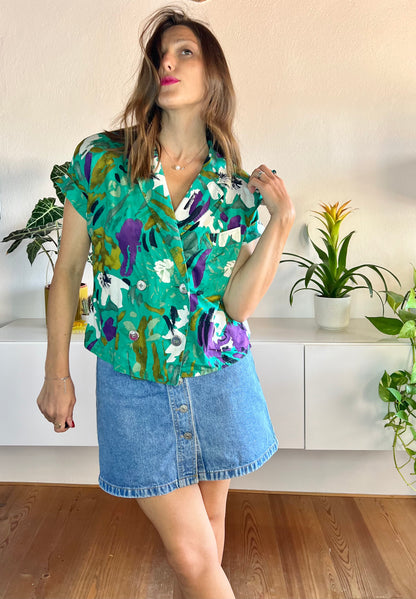 1980's vintage green and purple floral blouse