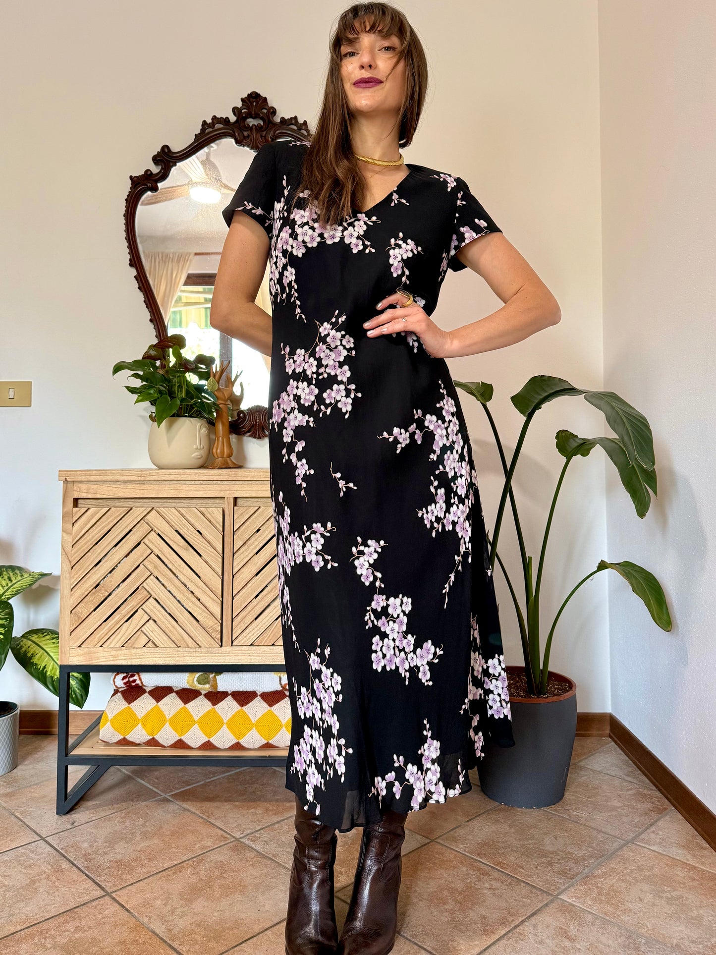 1990's vintage black maxi dress with lilac cherry blossom print