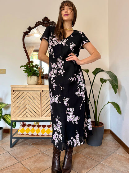 1990's vintage black maxi dress with lilac cherry blossom print