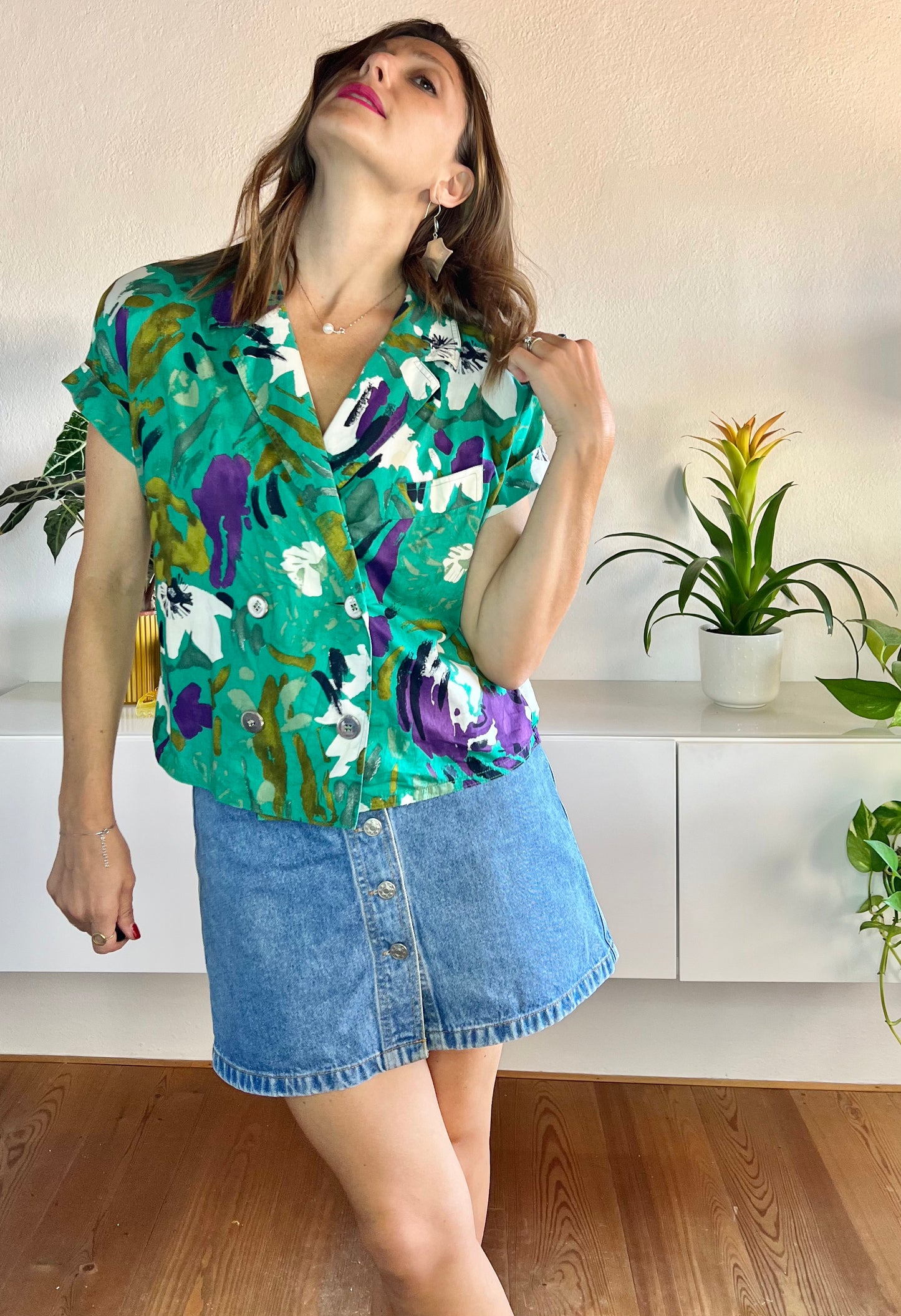 1980's vintage green and purple floral blouse