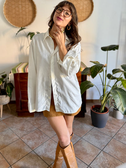 1970's vintage cream satin blouse with all over cream woven script