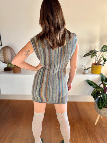 1990's vintage green, blue and tan striped knit mini sweater dress