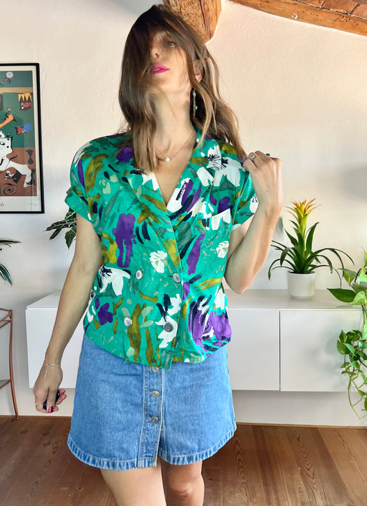 1980's vintage green and purple floral blouse