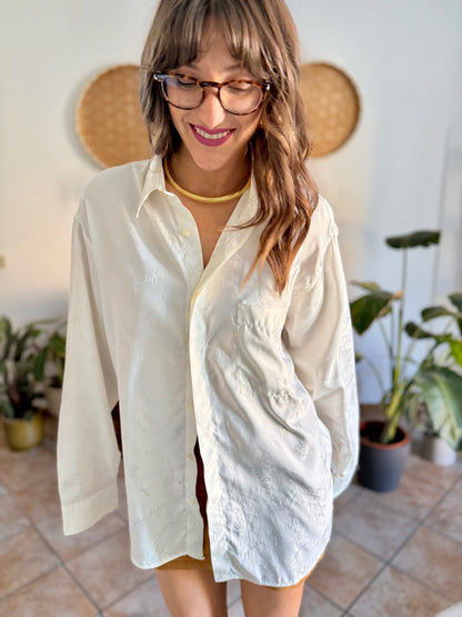 1970's vintage cream satin blouse with all over cream woven script
