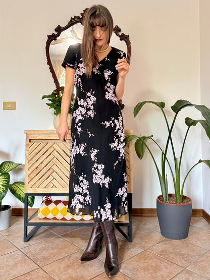 1990's vintage black maxi dress with lilac cherry blossom print