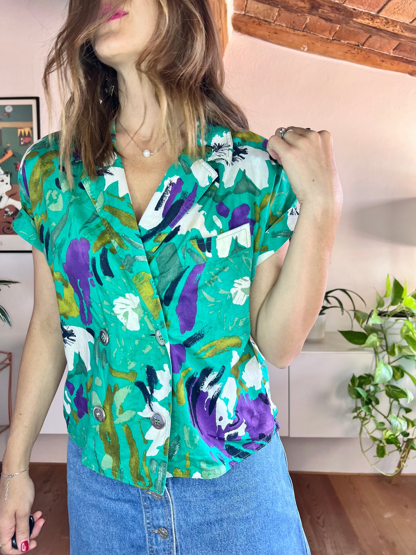 1980's vintage green and purple floral blouse