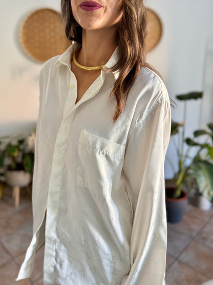 1970's vintage cream satin blouse with all over cream woven script