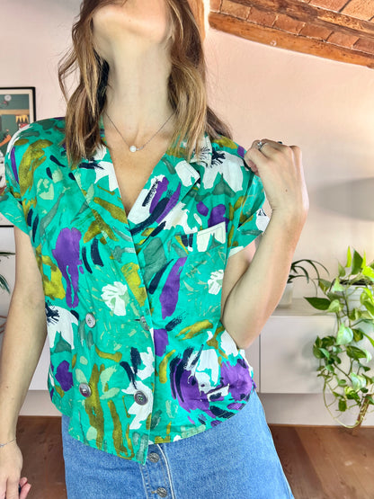 1980's vintage green and purple floral blouse