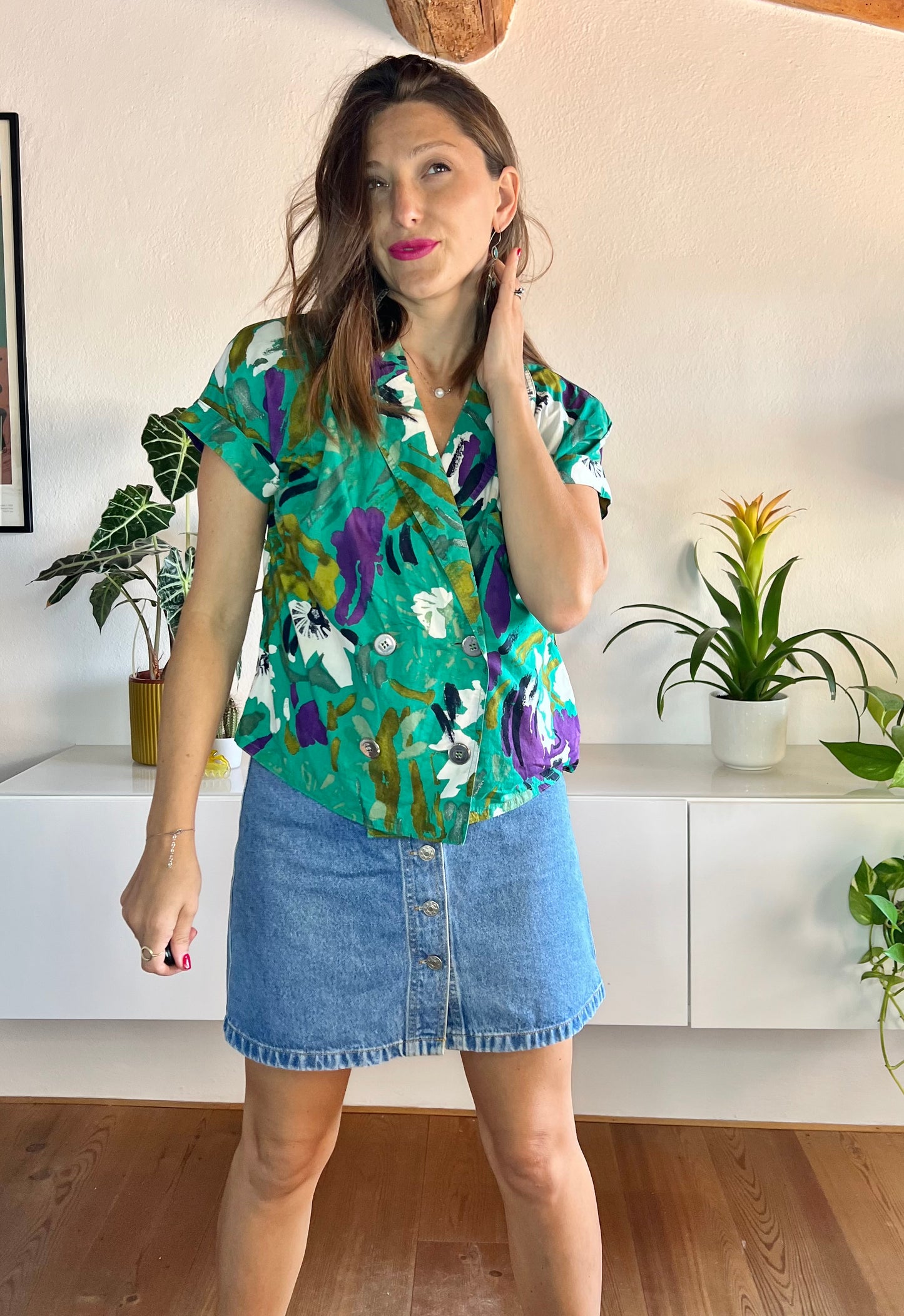 1980's vintage green and purple floral blouse