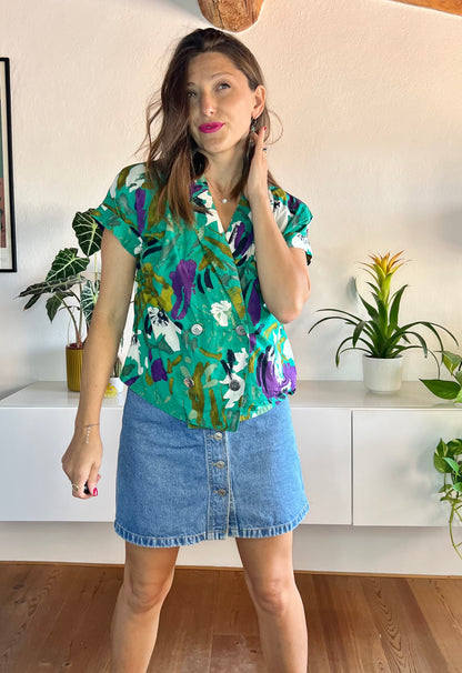 1980's vintage green and purple floral blouse