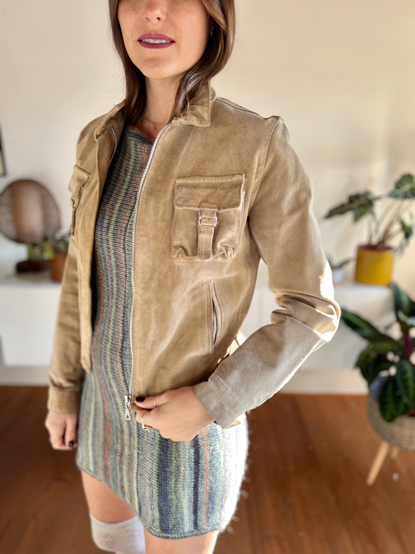 1970's vintage beige moto style suede jacket