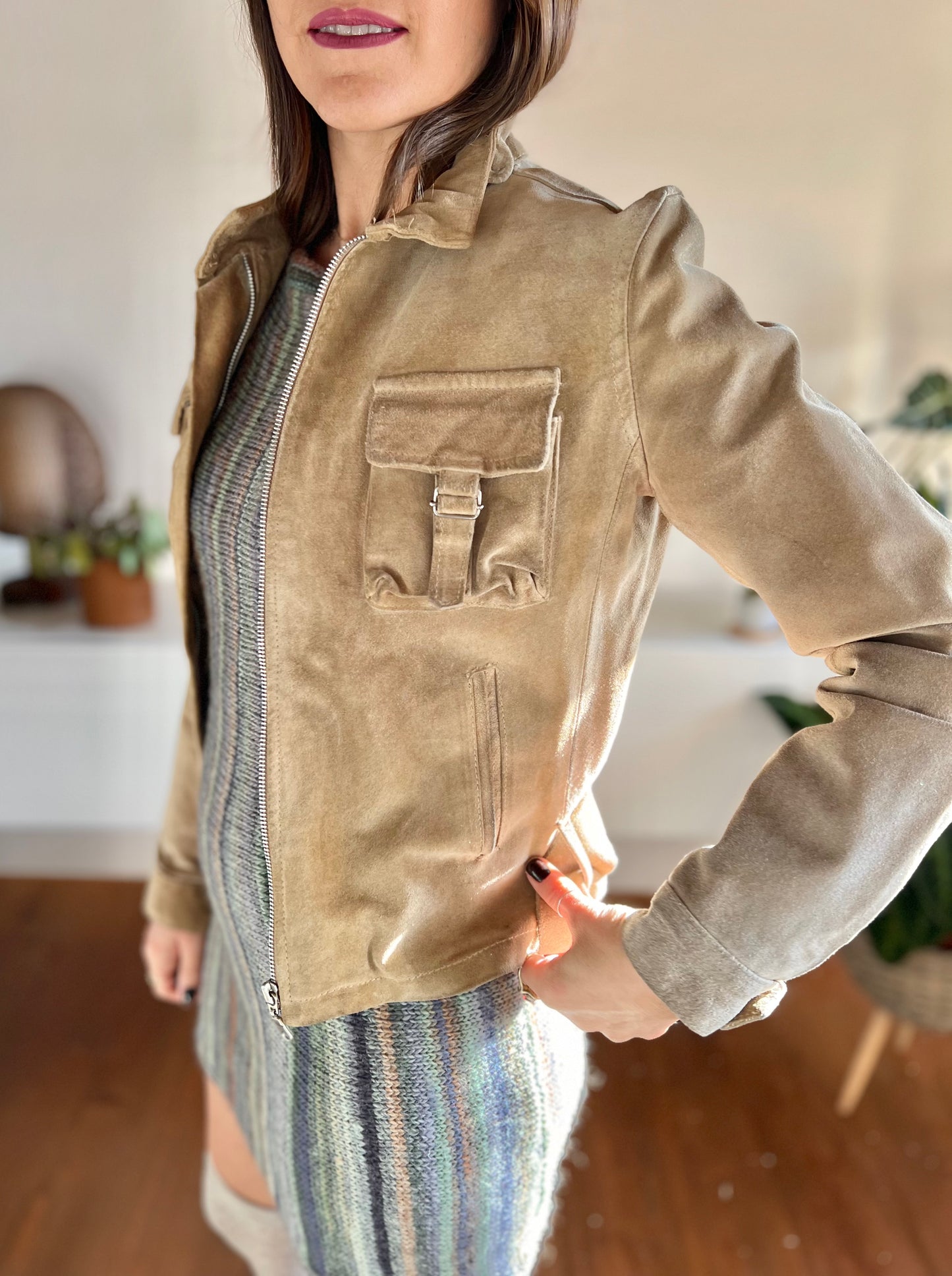 1970's vintage beige moto style suede jacket